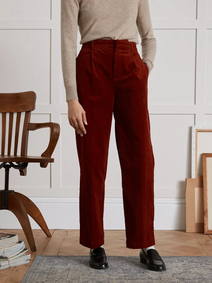 Women Cyrillus Clothing Pauline Pleated Corduroy Trousers Rhubarbe