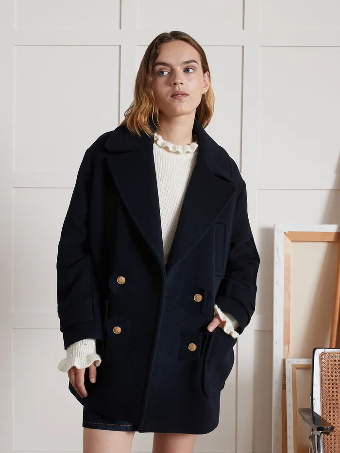 Women Cyrillus Clothing Plain Woolen Pea Coat Encre
