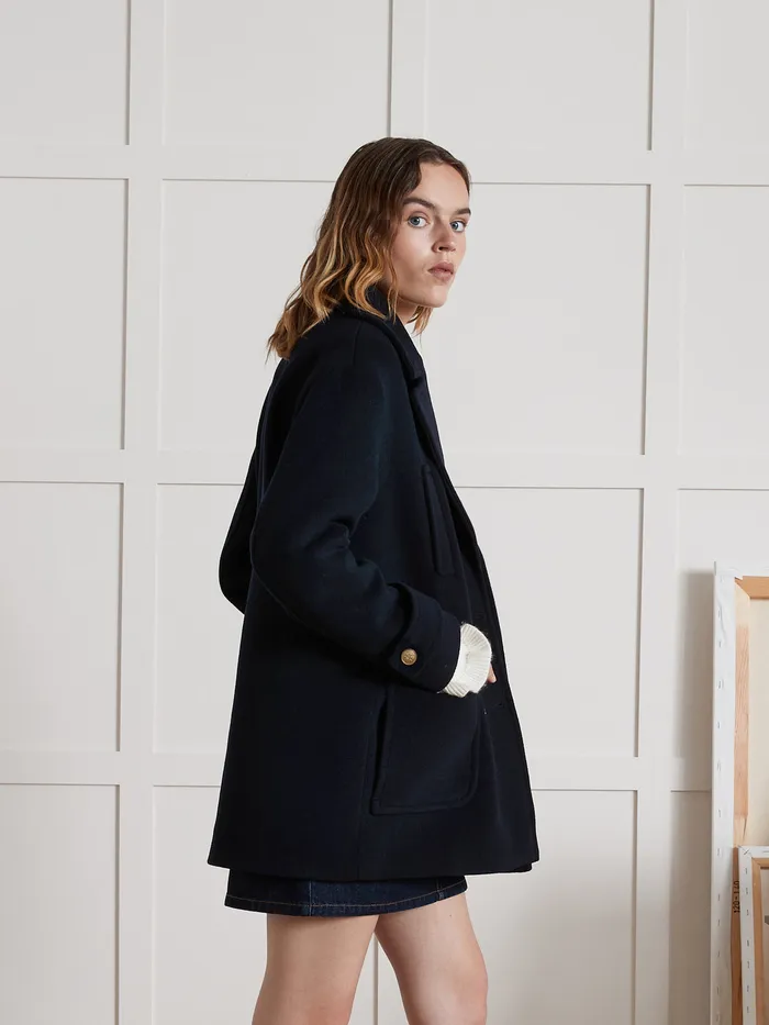 Women Cyrillus Clothing Plain Woolen Pea Coat Encre