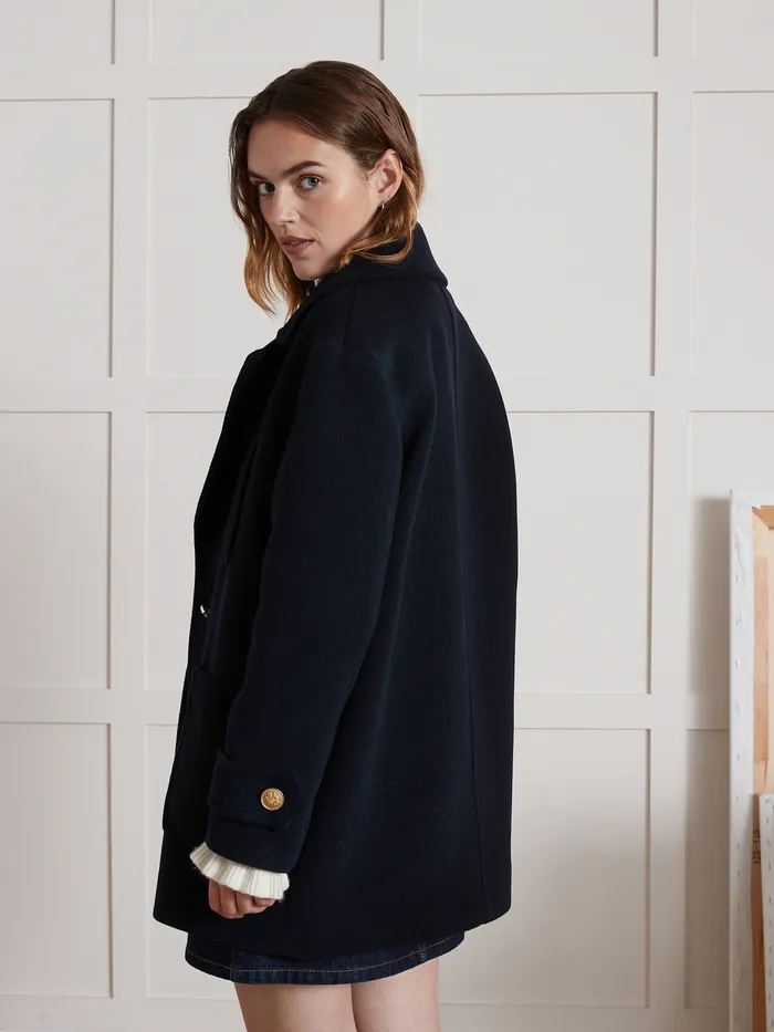 Women Cyrillus Clothing Plain Woolen Pea Coat Encre