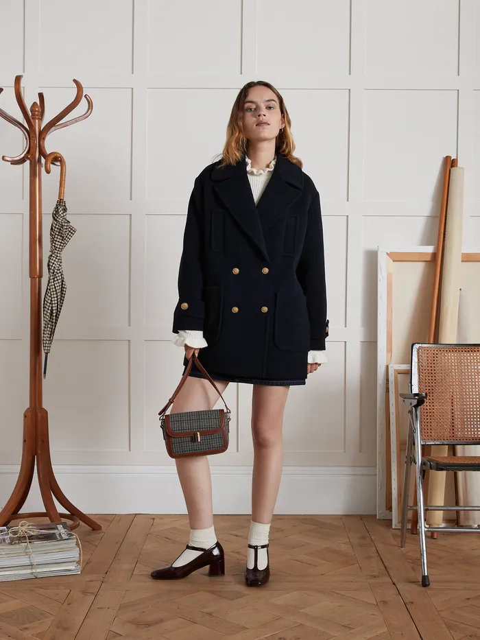 Women Cyrillus Clothing Plain Woolen Pea Coat Encre