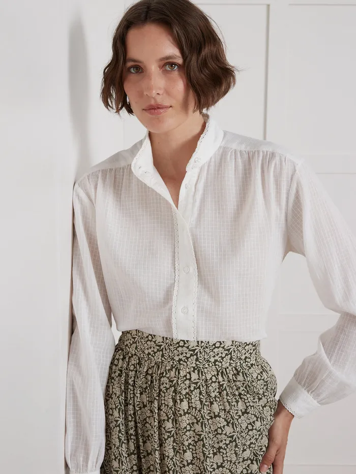 Women Cyrillus Clothing Shirt Made With A CheckLike Textured Fabric Ecru
