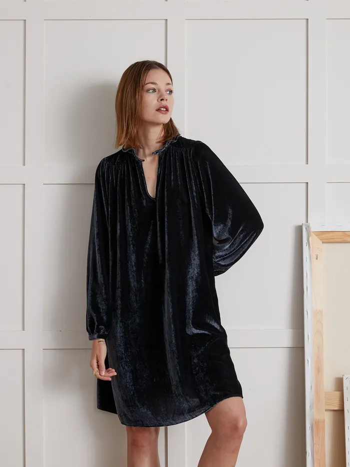 Women Cyrillus Clothing Short Panne Velvet Dress Encre
