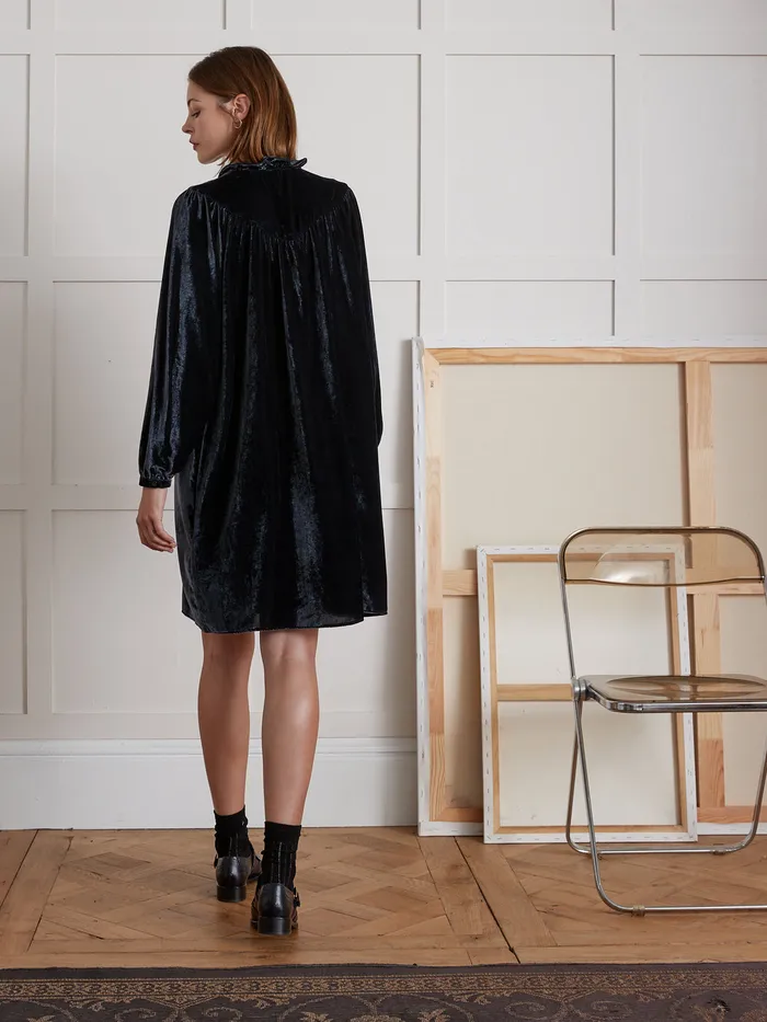 Women Cyrillus Clothing Short Panne Velvet Dress Encre