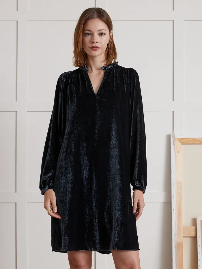 Women Cyrillus Clothing Short Panne Velvet Dress Encre