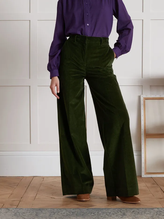 Women Cyrillus Clothing Sophie WideLeg Corduroy Trousers Vert Chasse