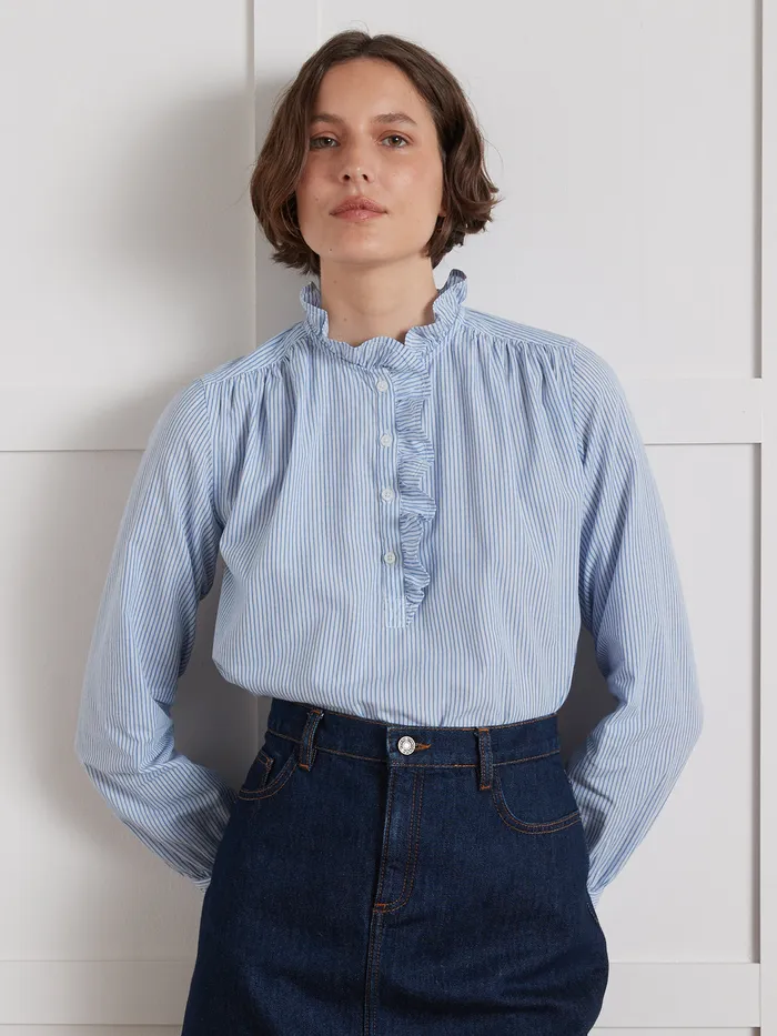 Women Cyrillus Clothing Striped Blouse With Frilly Neckline Rayure Bleue