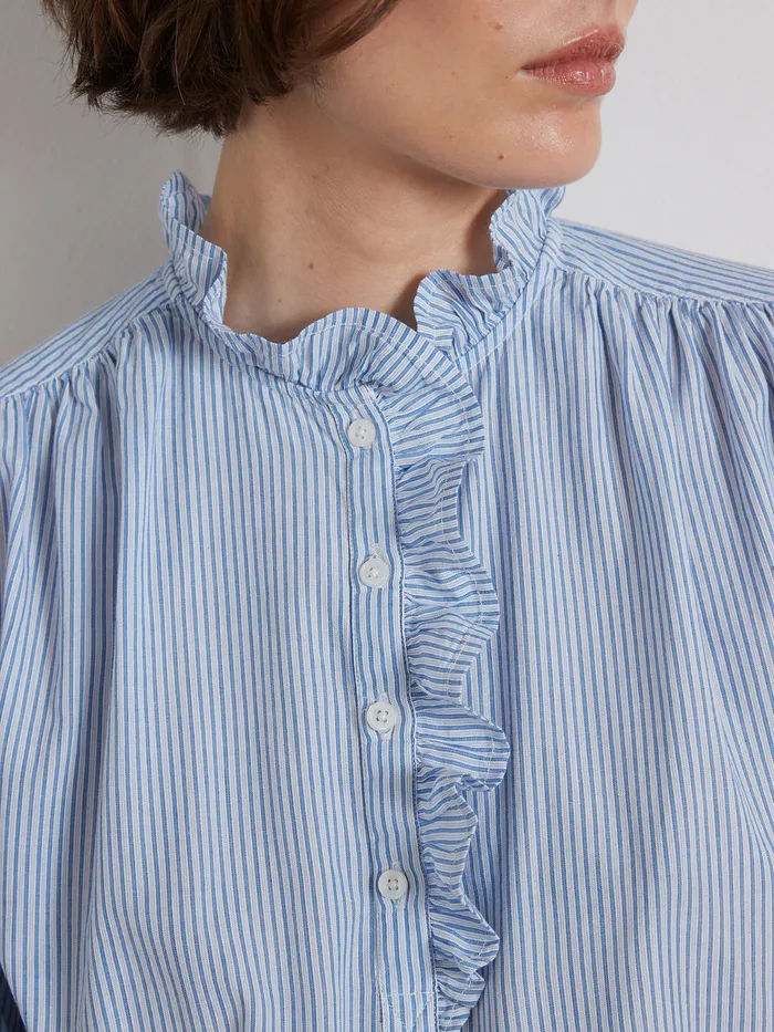 Women Cyrillus Clothing Striped Blouse With Frilly Neckline Rayure Bleue