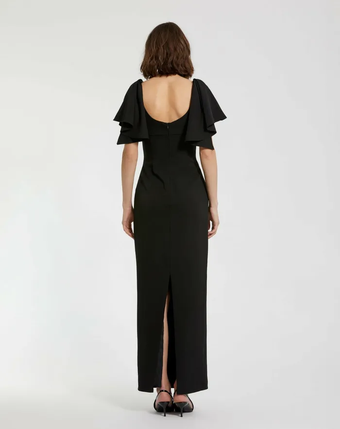 Women Daytime Dresses Mac Duggal Black Crepe Fitted Long Dress With Short Ruffle Sleeves Black