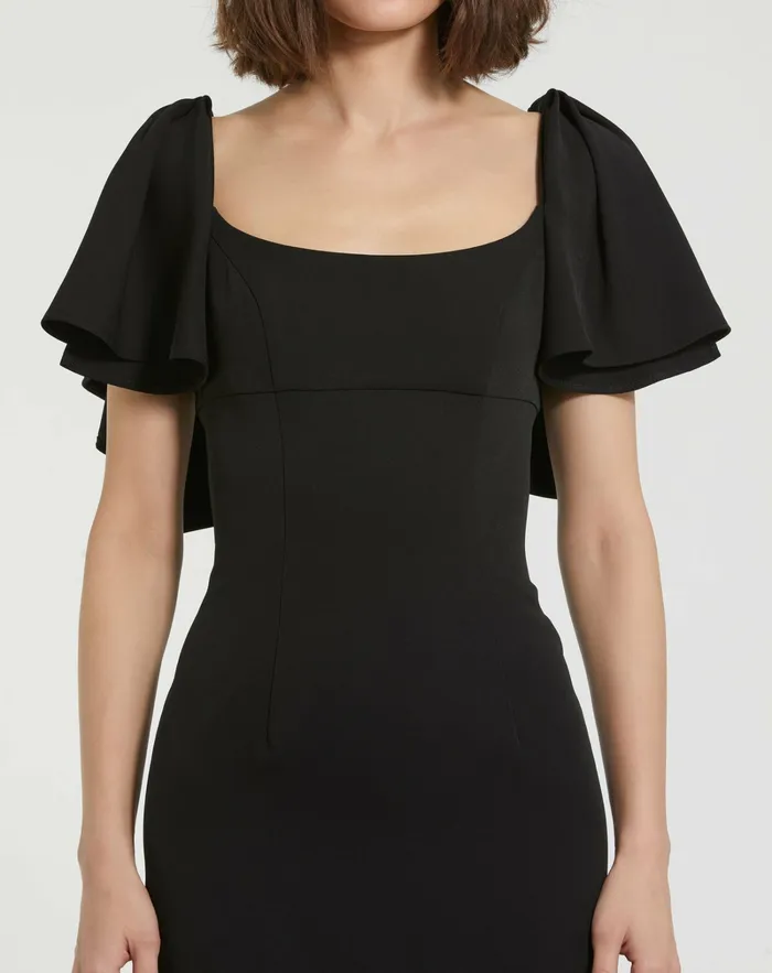 Women Daytime Dresses Mac Duggal Black Crepe Fitted Long Dress With Short Ruffle Sleeves Black