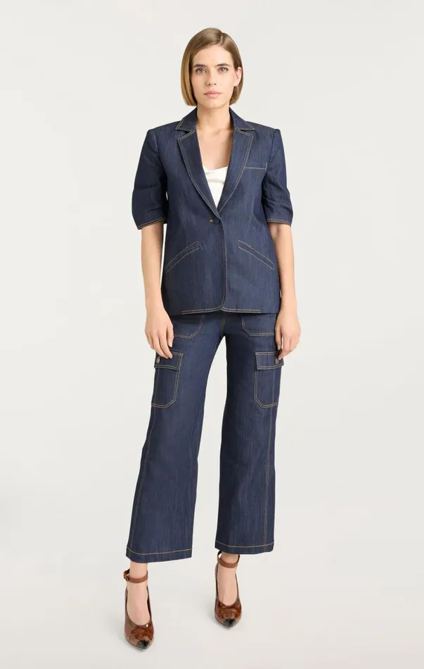 Women Denim Cinq Sept Denim Short Sleeve Khloe Blazer Indigo