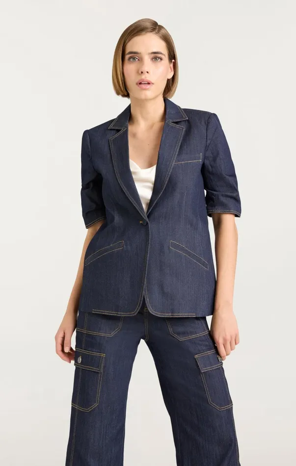 Women Denim Cinq Sept Denim Short Sleeve Khloe Blazer Indigo