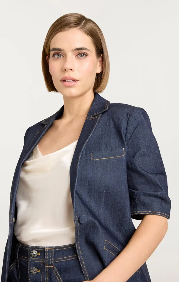 Women Denim Cinq Sept Denim Short Sleeve Khloe Blazer Indigo