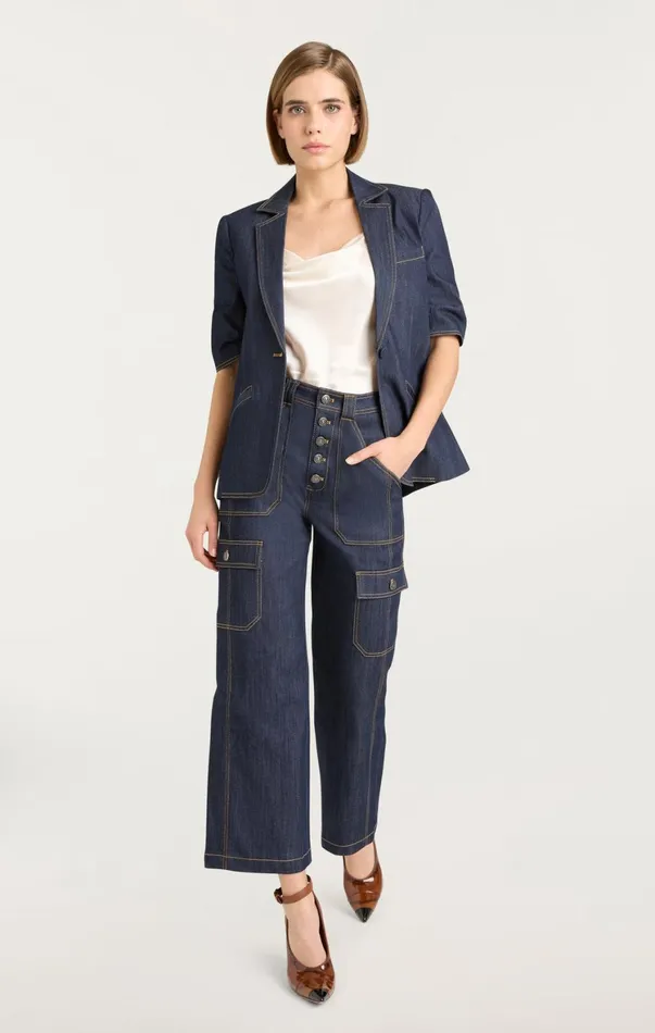 Women Denim Cinq Sept Denim Short Sleeve Khloe Blazer Indigo