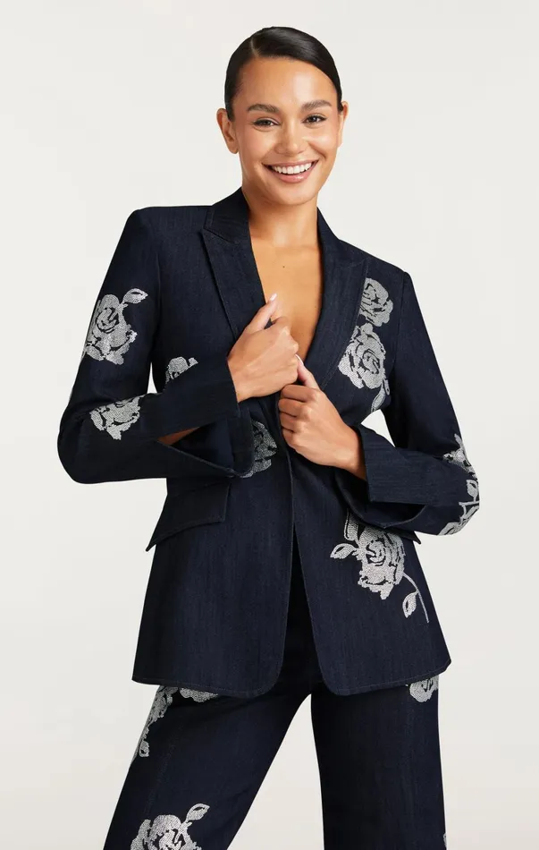 Women Denim Cinq Sept Heatset Roses Cheyenne Blazer Indigo