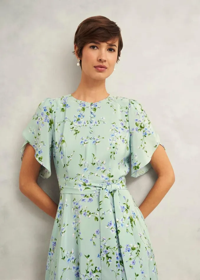Women Dresses and Jumpsuits Hobbs Sophia Silk Belted Dress Sage Multi