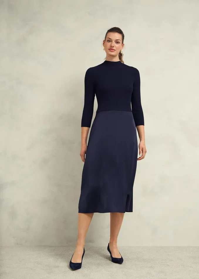Women Dresses and Jumpsuits Hobbs Trina Satin Knitted Dresses Hobbs Navy