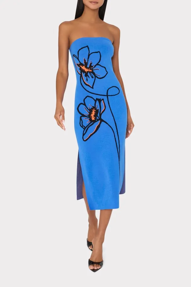 Women Dresses Milly Floral Strapless Knit Midi Dress Blue Multi