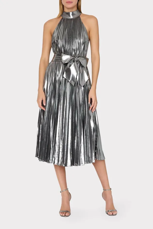 Women Dresses Milly Idena Pleated Lam Halter Dress Silver