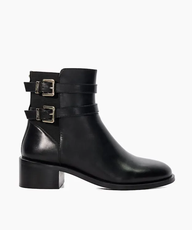Women Dune London Black Boots Leather Double Buckle Block Heel Boots Black