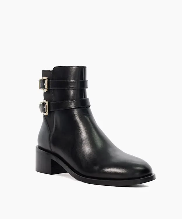 Women Dune London Black Boots Leather Double Buckle Block Heel Boots Black