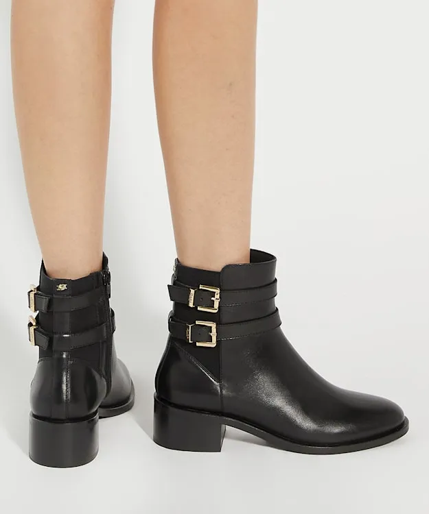 Women Dune London Black Boots Leather Double Buckle Block Heel Boots Black
