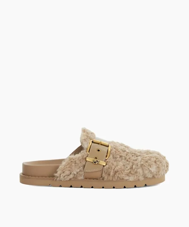 Women Dune London Flat Shoes Borg Finish Buckle Sliders Brown