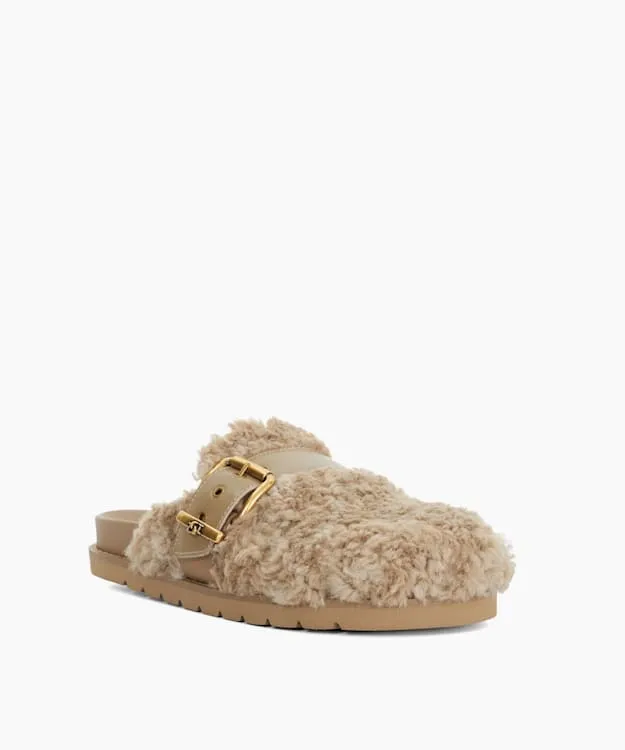 Women Dune London Flat Shoes Borg Finish Buckle Sliders Brown