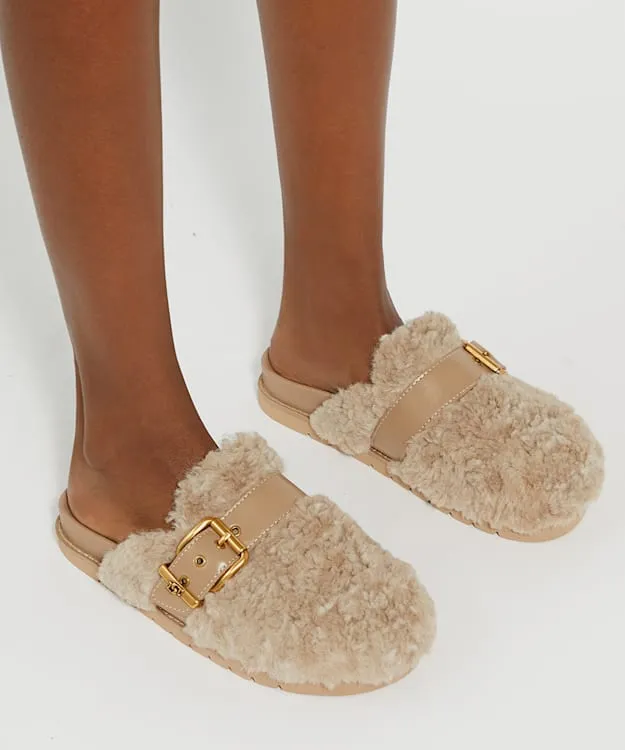 Women Dune London Flat Shoes Borg Finish Buckle Sliders Brown