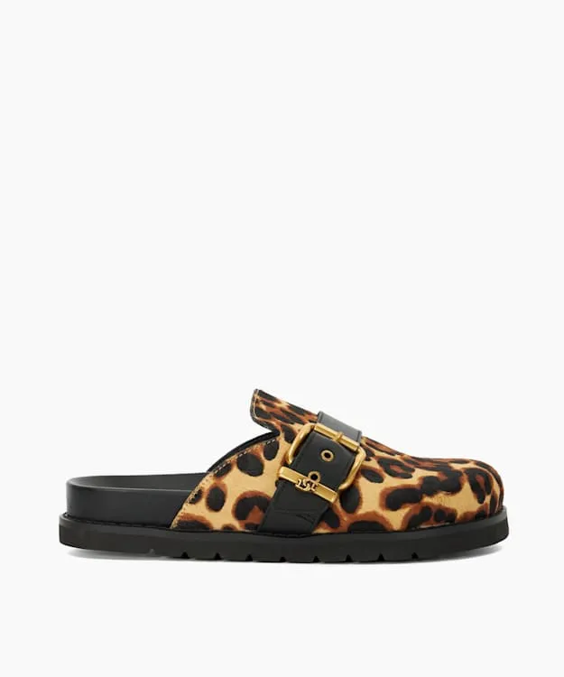 Women Dune London Flat Shoes Leopard Print Buckle Sliders Animal