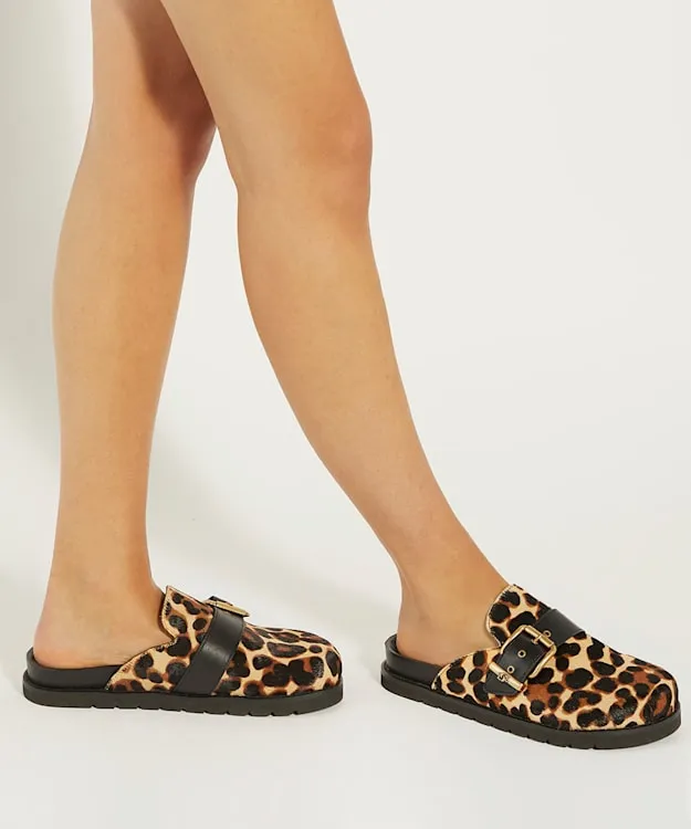 Women Dune London Flat Shoes Leopard Print Buckle Sliders Animal