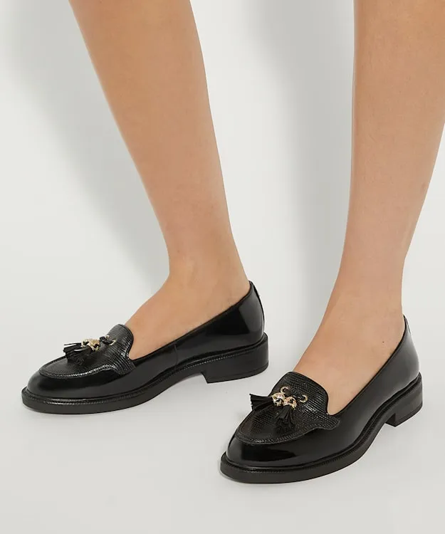 Women Dune London Flat Shoes Patent Tassel Loafers Black
