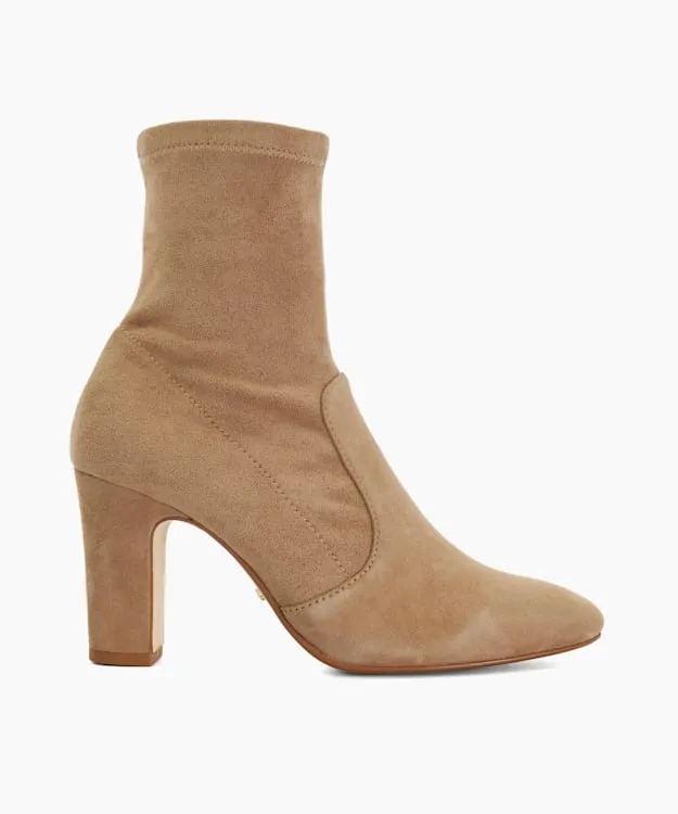 Women Dune London Heeled Boots Almond Toe Block Heel Sock Boots Brown