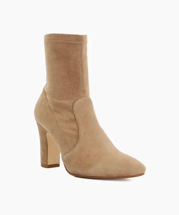 Women Dune London Heeled Boots Almond Toe Block Heel Sock Boots Brown