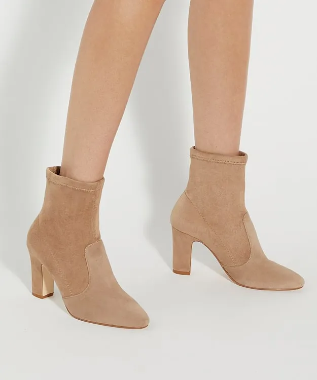 Women Dune London Heeled Boots Almond Toe Block Heel Sock Boots Brown