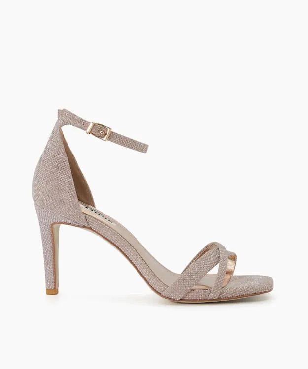 Women Dune London Heeled Sandals Ankle Strap Open Toe Sandals Metallic