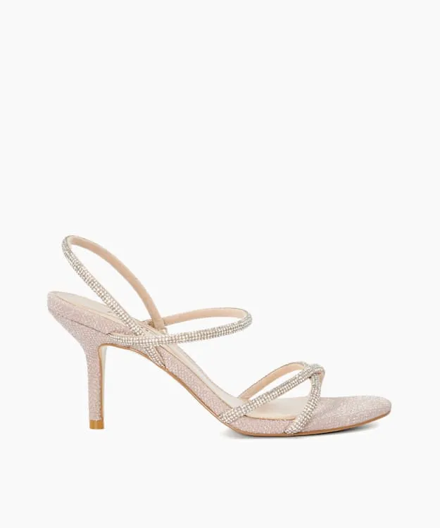 Women Dune London Heeled Sandals Embellished Strap High Heel Sandals Metallic