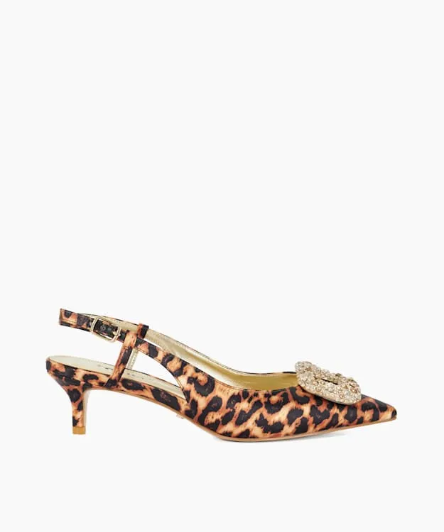 Women Dune London Heels Boucle Brooch Detail Kitten Heel SlingBack Animal