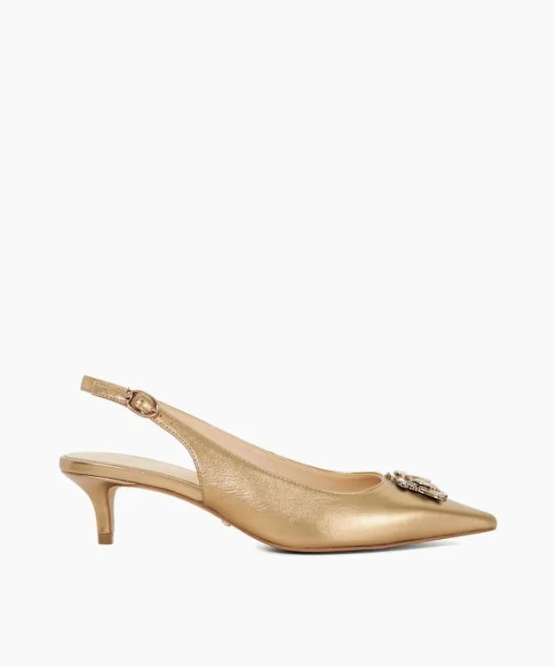 Women Dune London Heels Dune Bug Embellished Kitten Heels Metallic