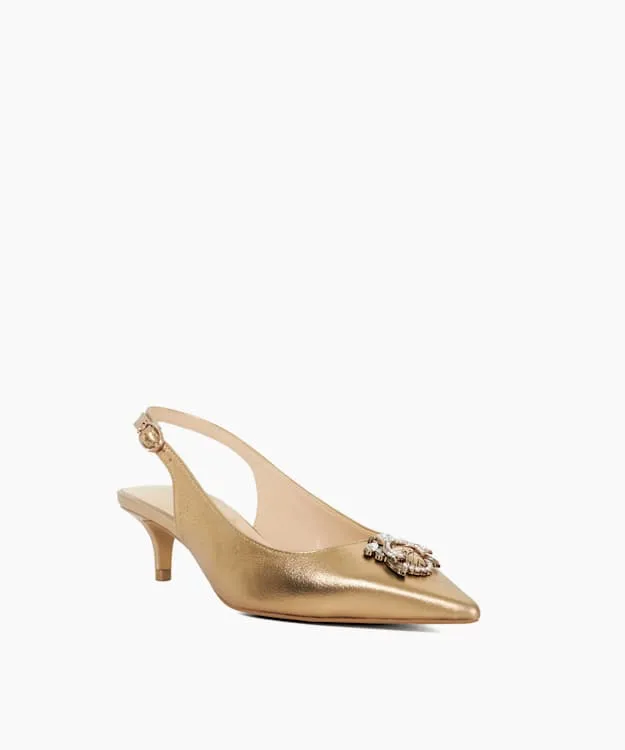 Women Dune London Heels Dune Bug Embellished Kitten Heels Metallic