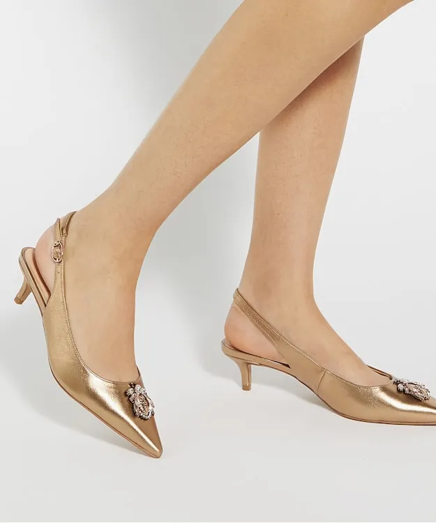 Women Dune London Heels Dune Bug Embellished Kitten Heels Metallic