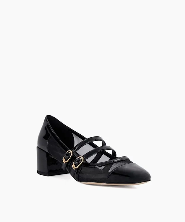 Women Dune London Heels Mesh Double Strap Block Heel Sandals Black