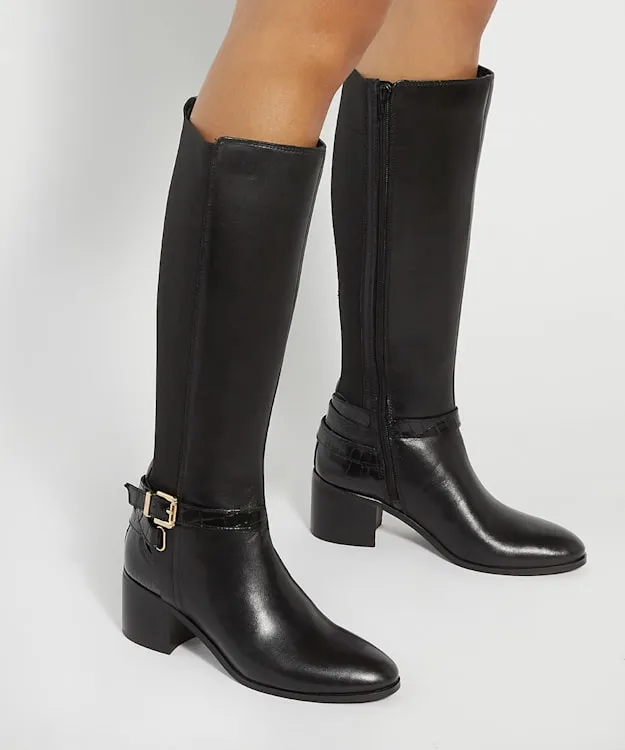 Women Dune London Knee High Boots Leather Round Toe Knee High Boots Black