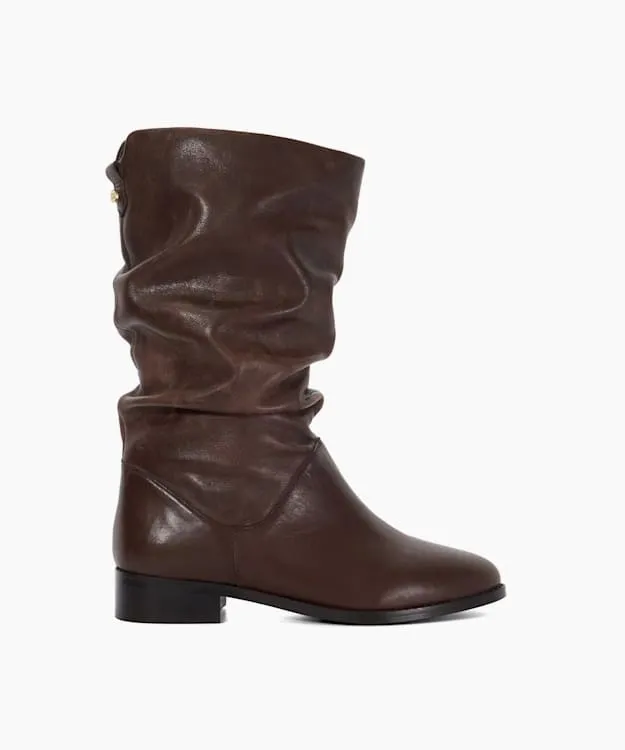 Women Dune London Knee High Boots Leather Ruched High Leg Boots Brown