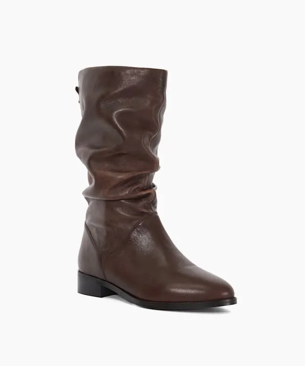 Women Dune London Knee High Boots Leather Ruched High Leg Boots Brown