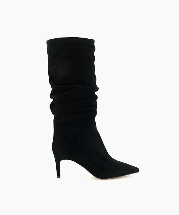 Women Dune London Knee High Boots Ruched Suede Heeled Boots Black Suede