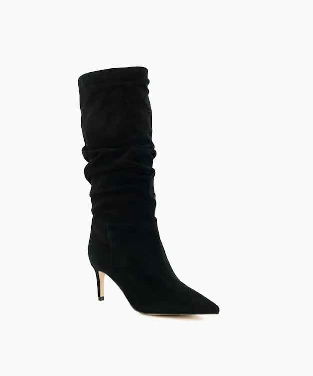 Women Dune London Knee High Boots Ruched Suede Heeled Boots Black Suede