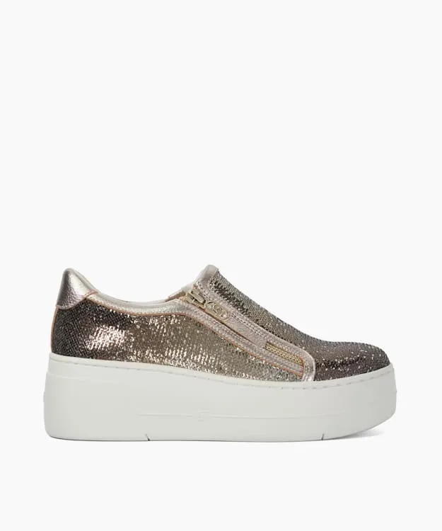 Women Dune London Trainers Sequin Side Zip Chunky Flatform Trainers Metallic