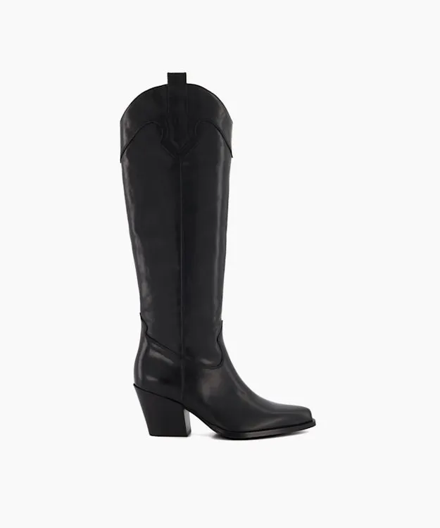 Women Dune London Western Cowboy Boots Leather KneeHigh Western Boots Black
