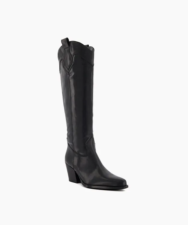 Women Dune London Western Cowboy Boots Leather KneeHigh Western Boots Black